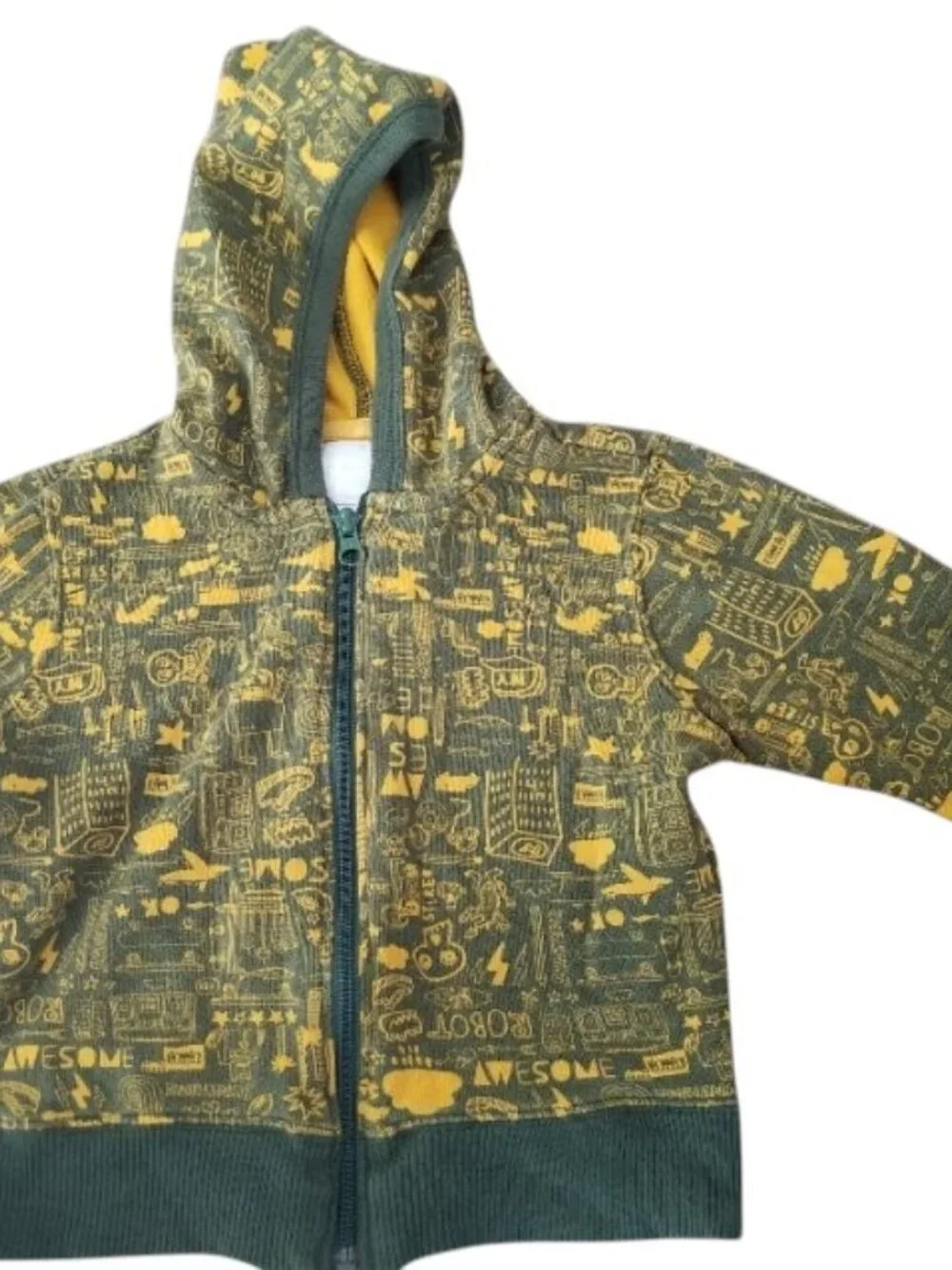 OLD NAVY Green and Yellow Little Boy Print Zip Front Hooded Sweatshirt Boys 3T